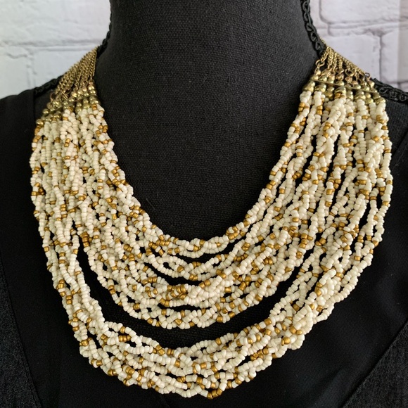 Cream and Gold Seed Beaded Layered Necklace - Picture 5 of 5
